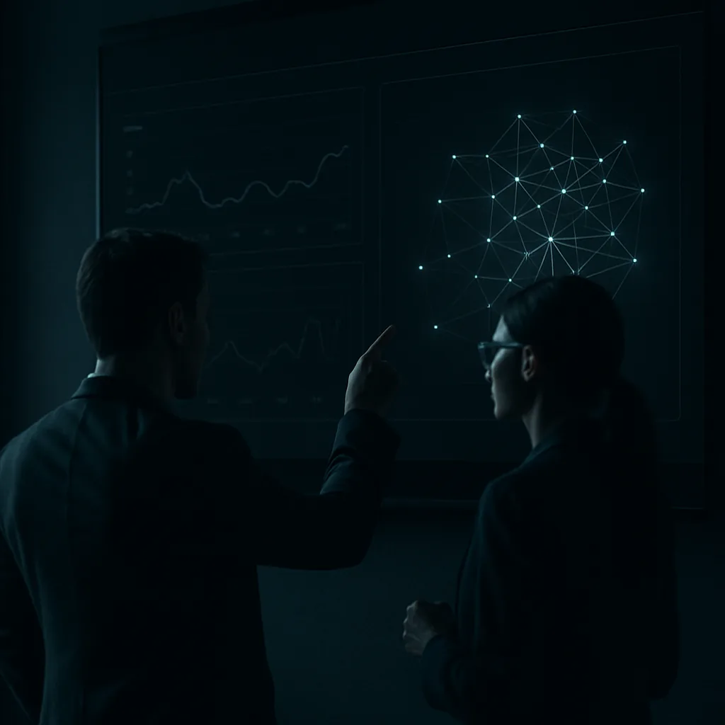 Dois profissionais discutindo indicadores em um grande painel analítico escuro